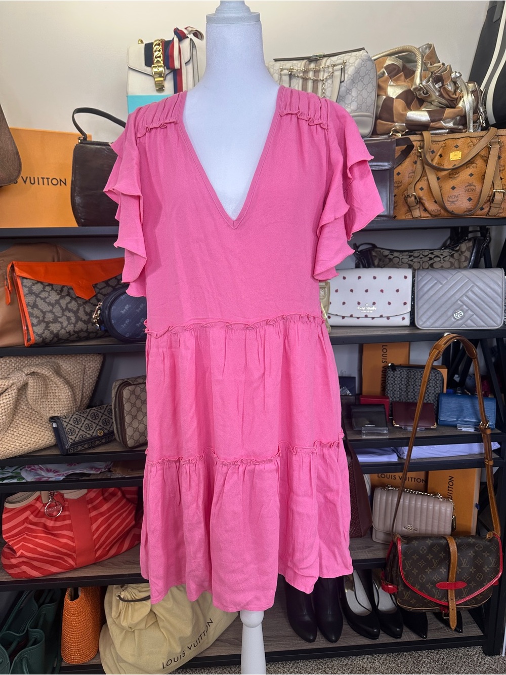 Tart Pink V-Neck Ruffle Sleeve Tiered Dress Sz large